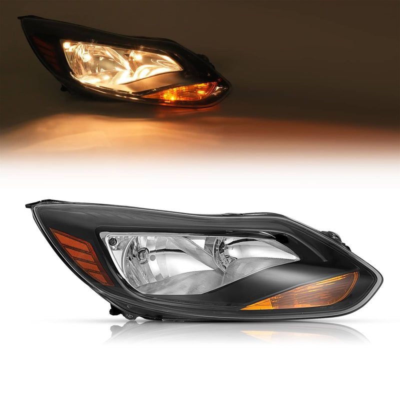 DURAFORCE Black Right Passenger Side Headlight Clear Lens Halogen for Ford Focus 2012-2014