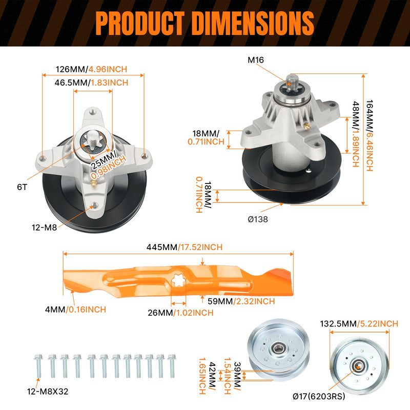 Deck Rebuild Kit Spindle Blade Pulley Belt for Cub Cadet LGT1050 LTX1050 50