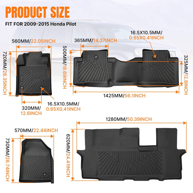 All Weather Floor Mats Liner TPE Waterproof for Honda Pilot 2015-2022