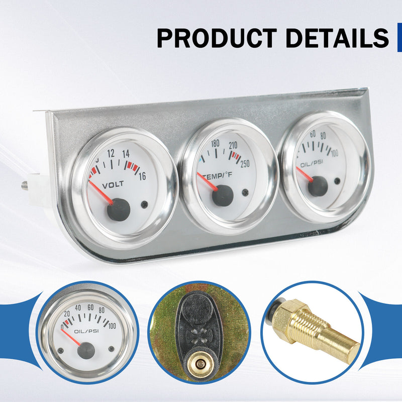 Universal 52mm Volt Water Oil Pressure Triple 3 Gauge Set Chrome Kit