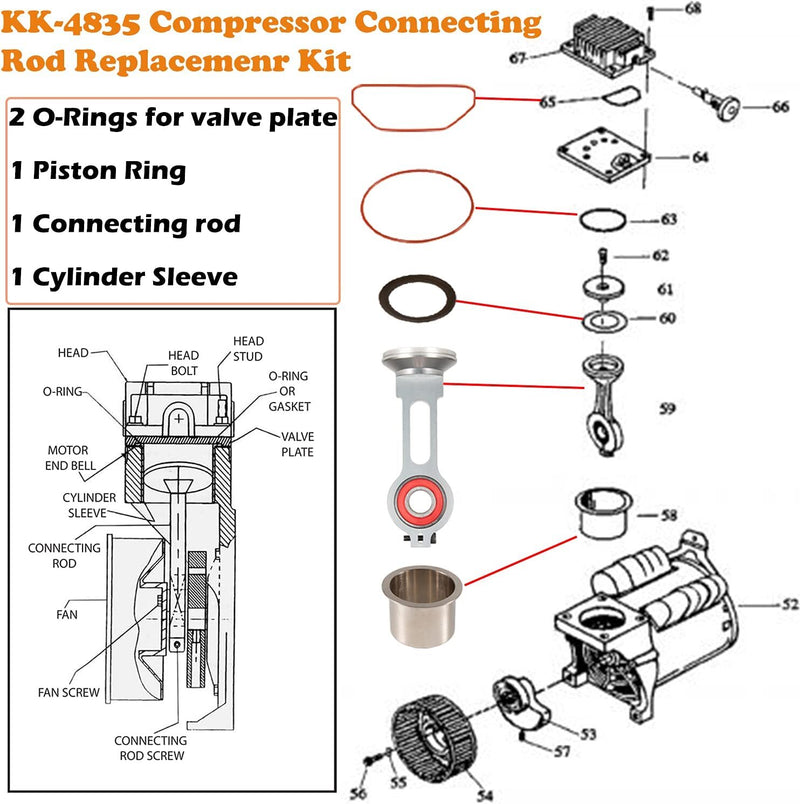 KK-4835 Compressor Piston Kit Connecting Rod Replacement for Oil Free Pump