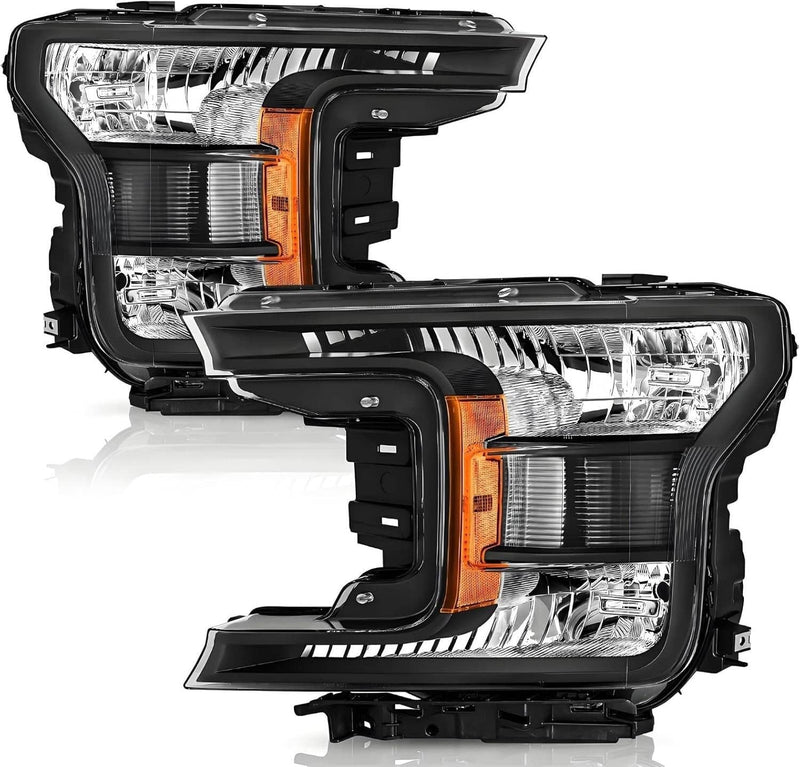 Pair Headlights for Ford F150 2018-2020 Halogen Headlamps Black Clear Left Right