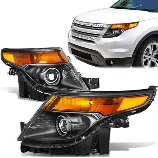 DURAFORCE Halogen Projector Headlights Chrome Clear for Ford Explorer 2011-2015 Pair