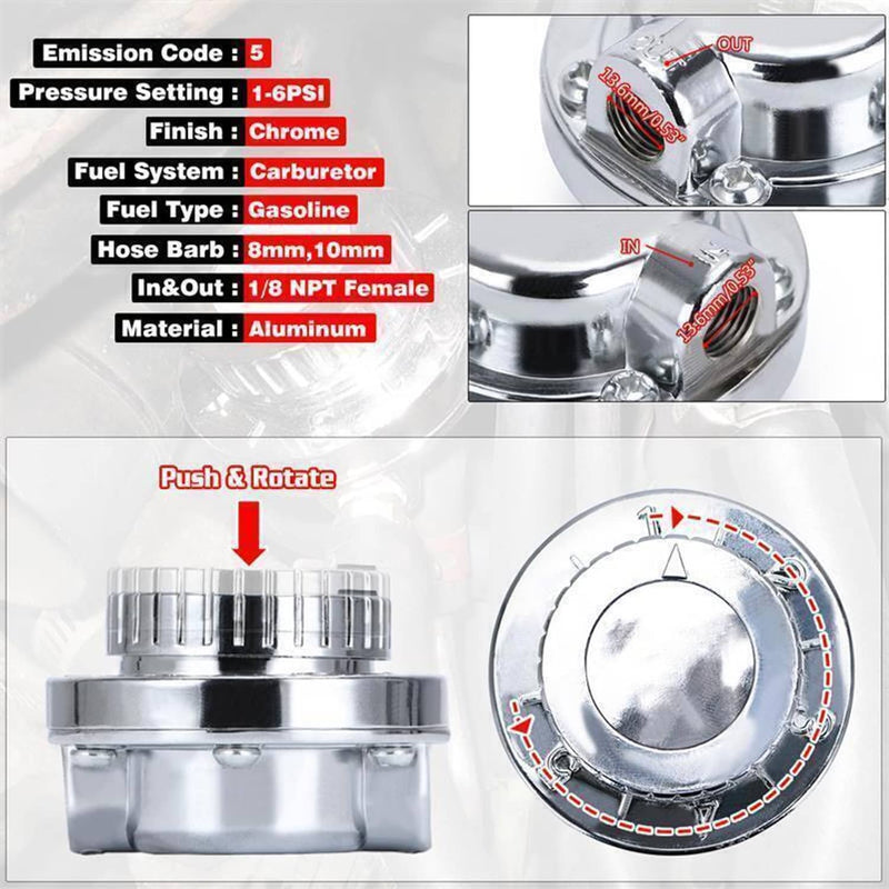 Universal 1-6 PSI Adjustable Fuel Pressure Regulator Kit for Carburetor