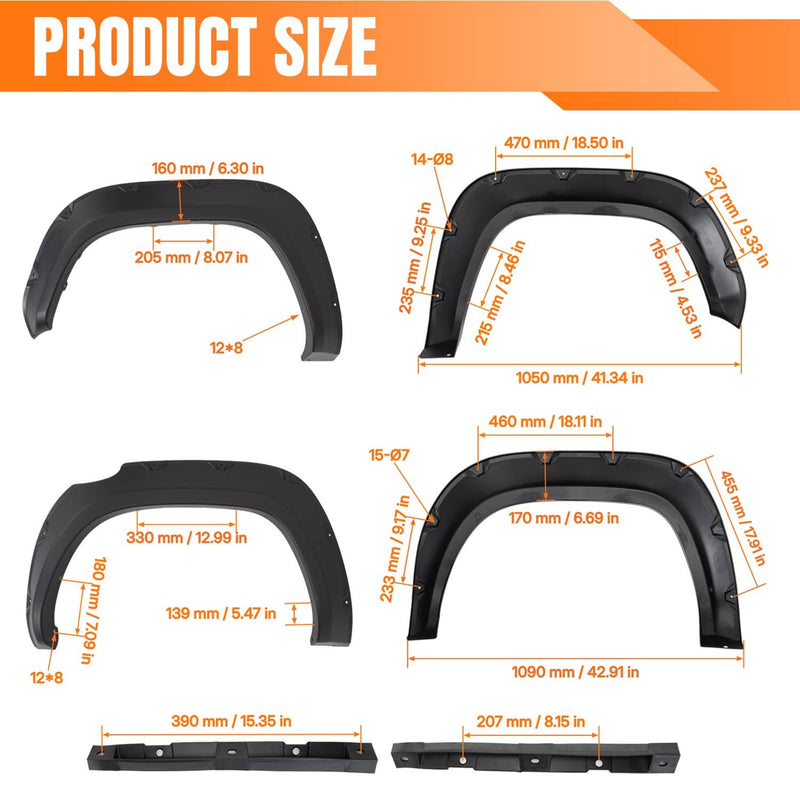 Fender Flares 4Pcs for Chevrolet Silverado 1500 2014-2018 Black Front Rear