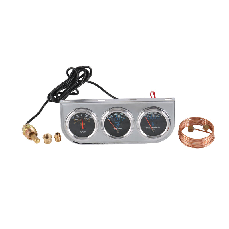 52mm Chrome Triple Gauge Set Kit Amp Water Temp Oil Pressure 3 in 1