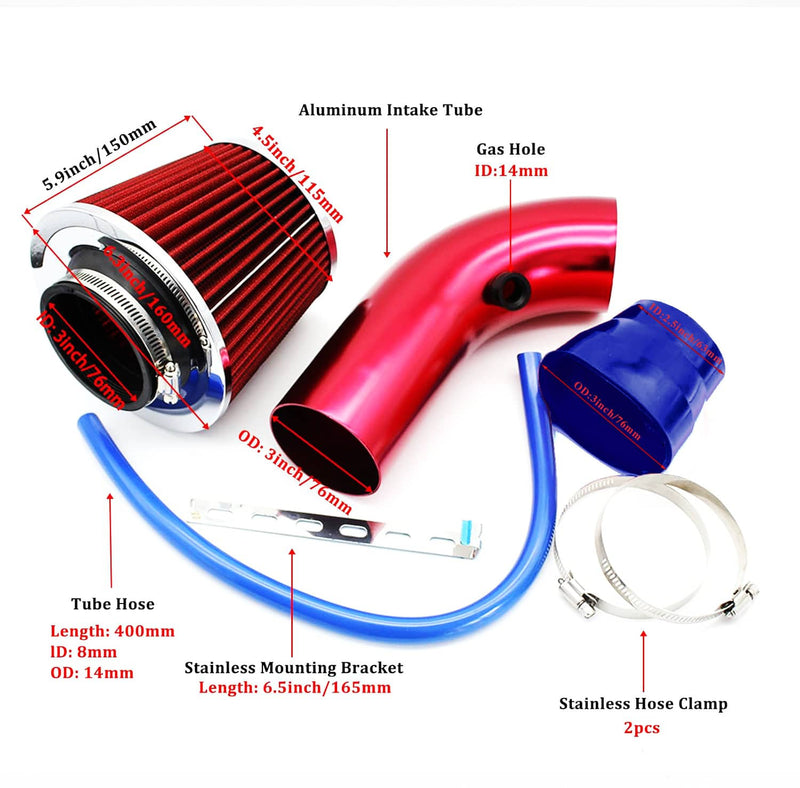 3" Cold Air Intake Filter Induction Kit Aluminum Pipe Power Flow Hose System