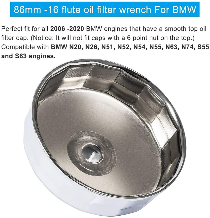 Oil Filter Wrench Chrome 86mm for BMW N20 N26 N51 N52 N54 N55 N63 N74 S55 S63