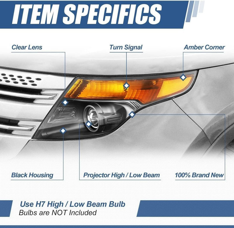 For 2011-2015 Ford Explorer Halogen Chrome Projector Headlights LH+RH