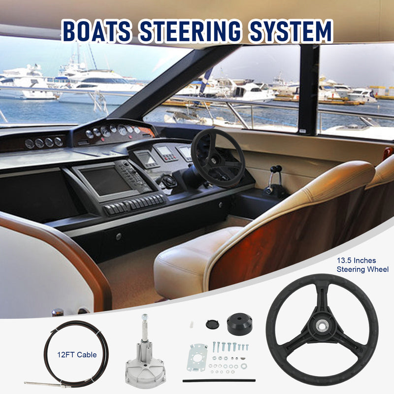 SS13712 Boat Rotary Steering System with Wheel Kit for Outboard Marine 12 Feet