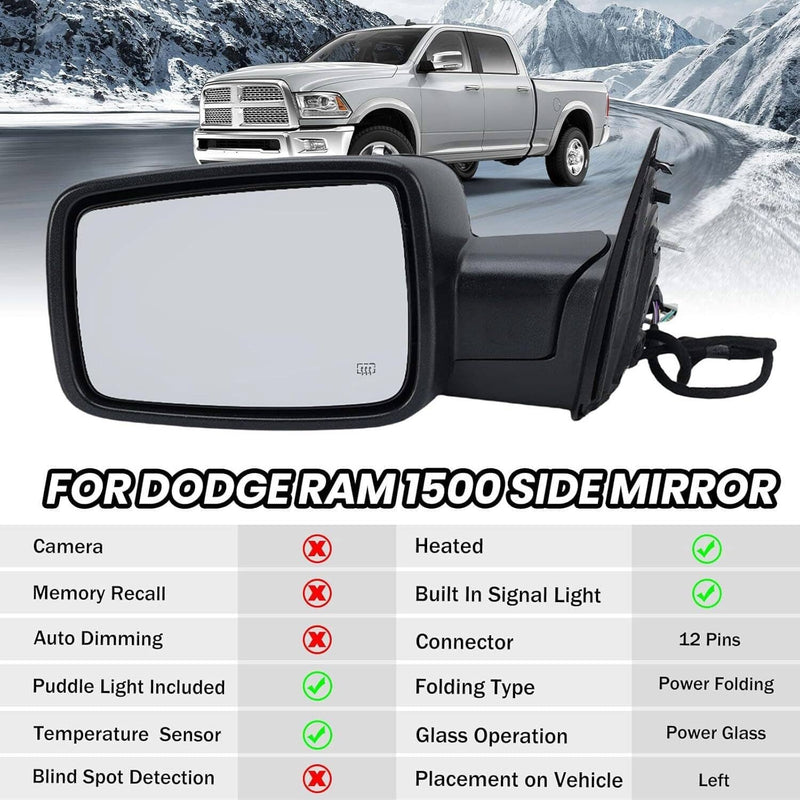 Driver Left Side Mirror Silver Cover Power Folding Signal for Ram 1500 2013-2018