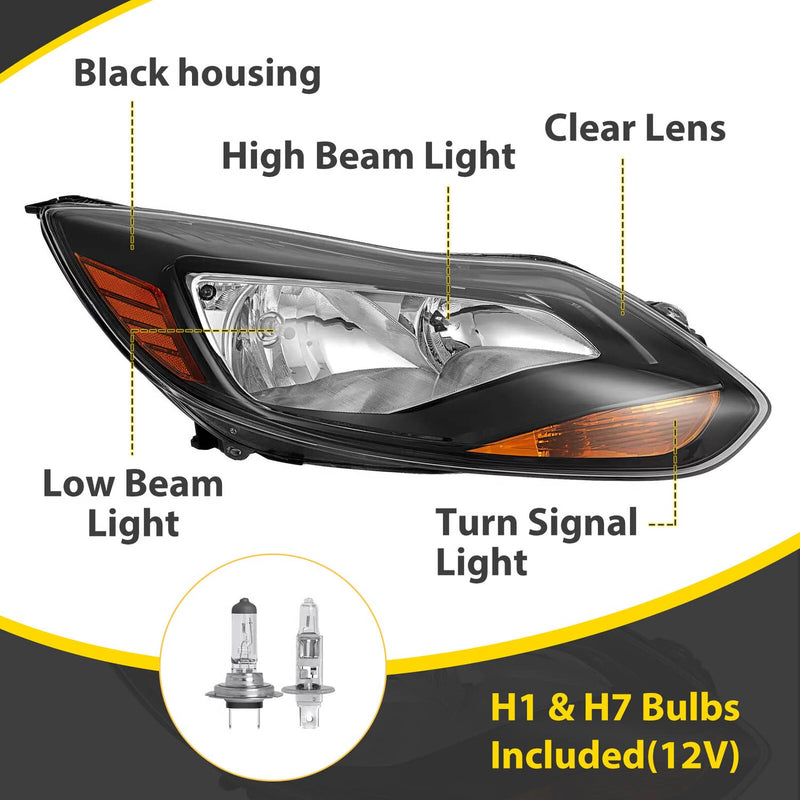 DURAFORCE Black Right Passenger Side Headlight Clear Lens Halogen for Ford Focus 2012-2014