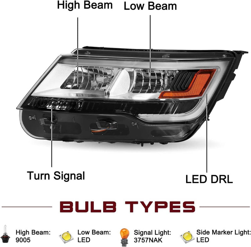 Headlights Assembly w/ LED DRL LH+RH for Ford Explorer 2016-2019 Chrome Pair