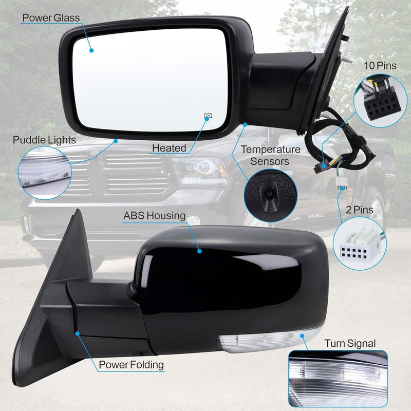 2Pcs Mirrors for Ram 1500 2013-2019 Power Fold Heated Puddle Light
