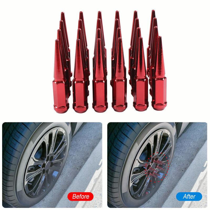 24 PCS Spike Lug Nuts 14x1.5 Red for Chevy Silverado Tahoe 4.4" Tall With Key
