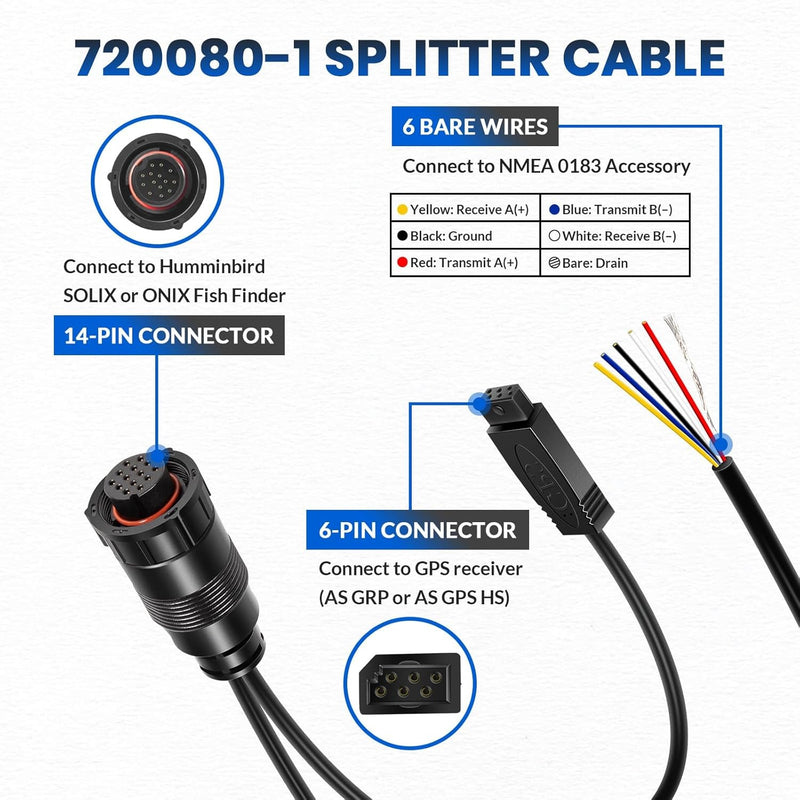 720080-1 AS GPS NMEA Splitter Cable for Humminbird SOLIX ONIX Fish Finder