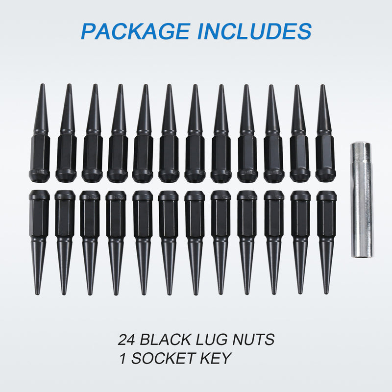 24PCS Spike Lug Nuts 14x1.5 Black for Chevy Silverado Tahoe 4.4" With Key