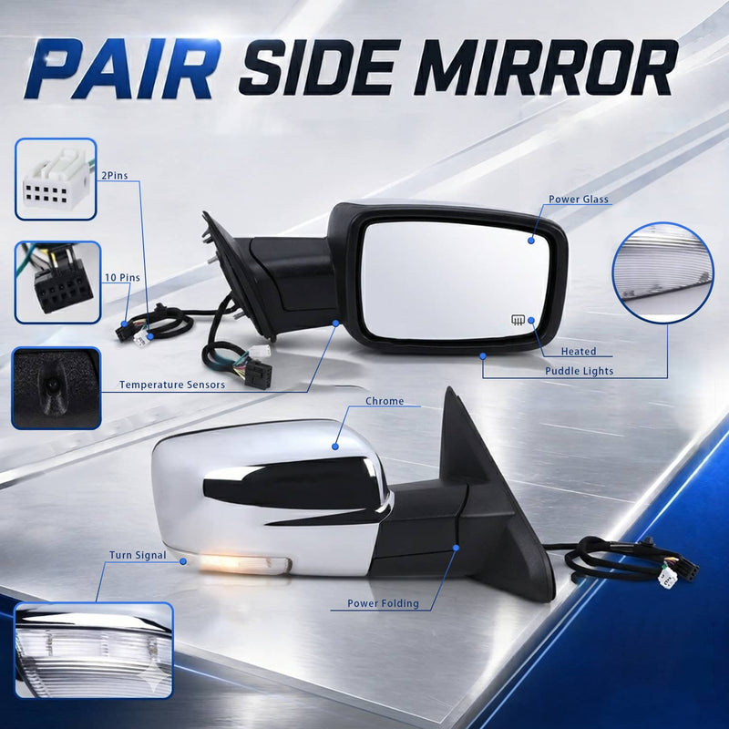 Pair Side Mirror Chrome Power Fold Heated Temp Sensor for 2013-2019 Ram 1500