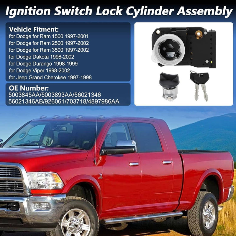Ignition Switch Lock Cylinder Assembly with 2 Keys for Dodge Ram 1500 2500 1994-
