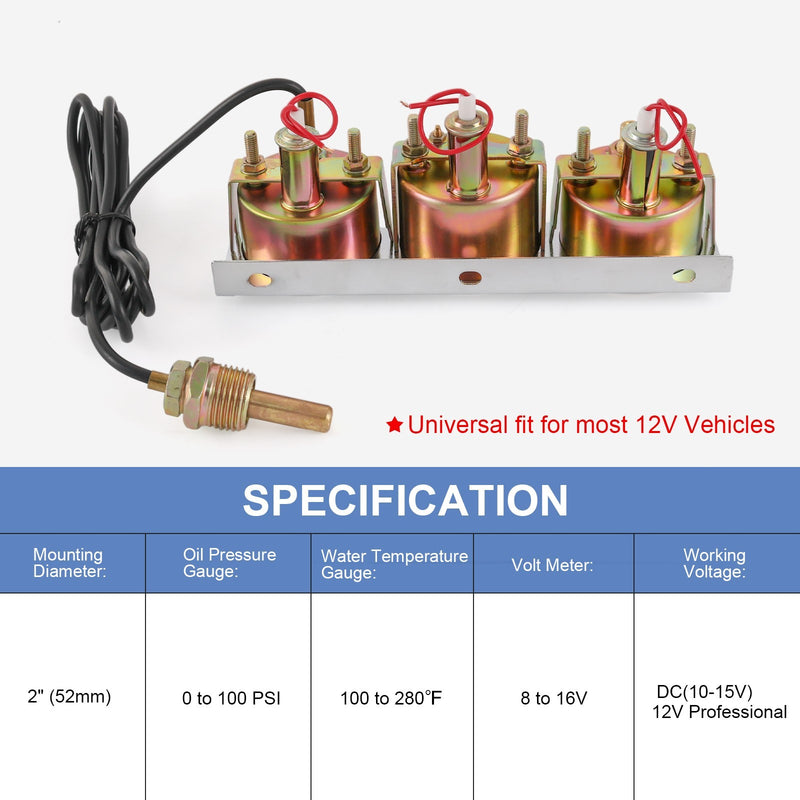 52mm Mechanical Triple Gauge Set Chrome for Water Temp Oil Pressure Volt Meter
