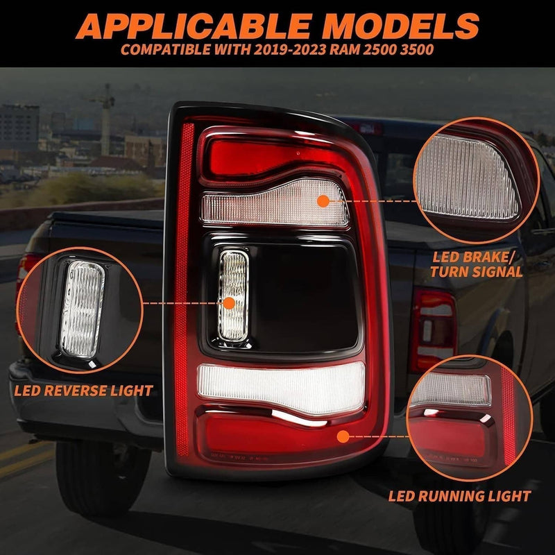 2Pcs LED Tail Lights w/Blind Spot for Dodge RAM 2500 3500 2019-2024 Black Bezel