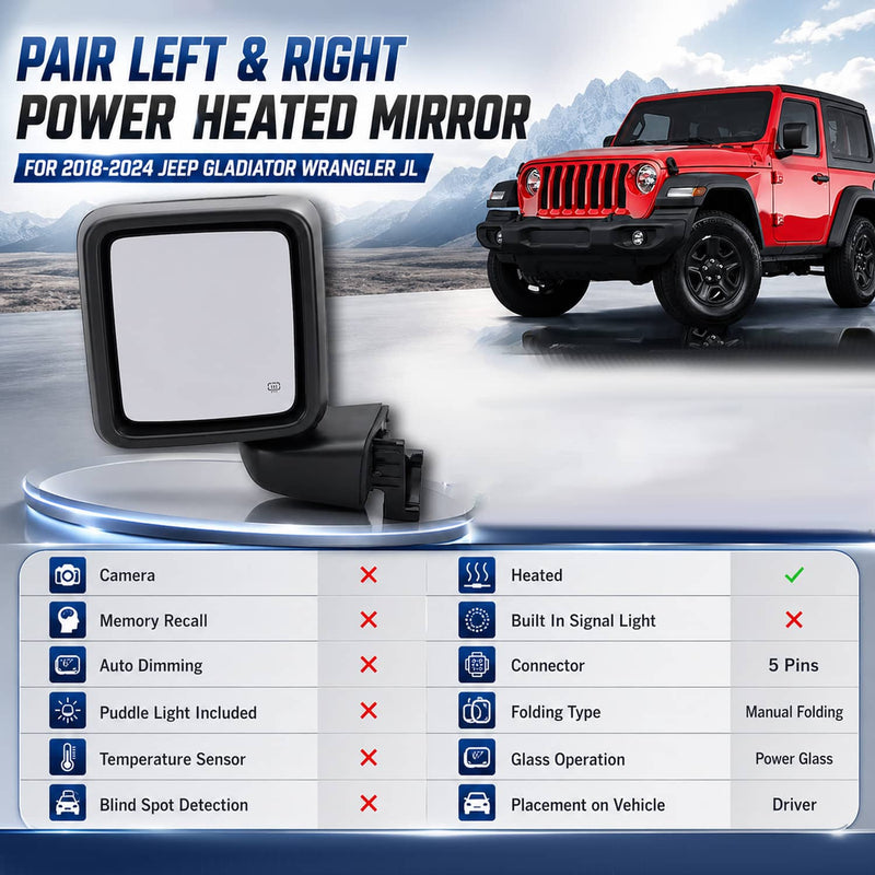 Power Heated Mirror Set Left Right for Jeep Gladiator Wrangler JL 2018-2024