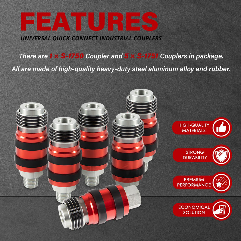 S-1750 S-1751 Universal Quick-Connect Industrial Couplers 1/4 M/FNPT 1/4 Body
