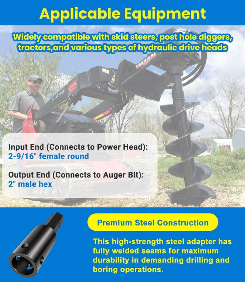 Heavy Duty Auger Adapter 2-9/16" Female Round to 2" Male Hex for Augers