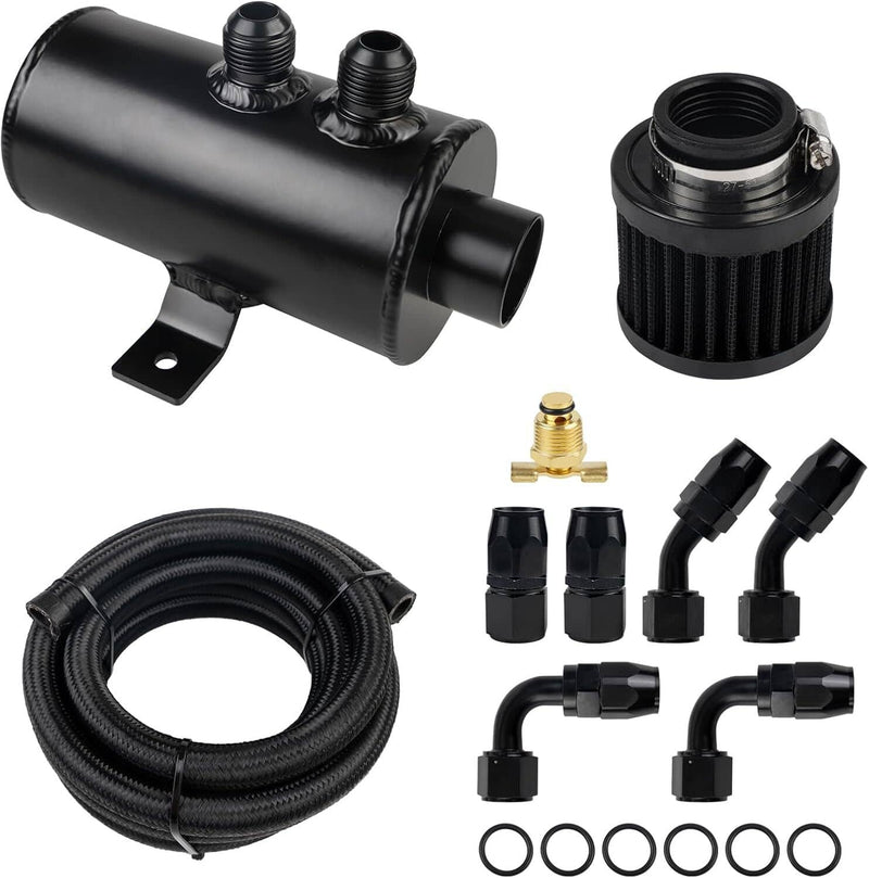 10AN Oil Catch Can Reservoir Tank 2 Port Dual Breather Filter Baffled 10FT Hose