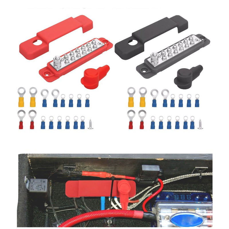 12 Terminal Busbar Bus Bar Power Distribution Block 180A 12V DC Pair Black Red