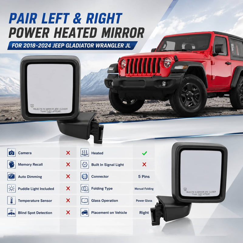 Power Heated Mirror Set Left Right for Jeep Gladiator Wrangler JL 2018-2024