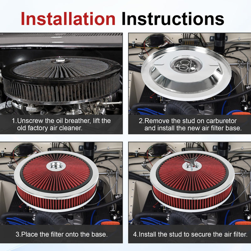 14" X 3" Round Red High Flow Washable Air Cleaner for SBC BBC Thru