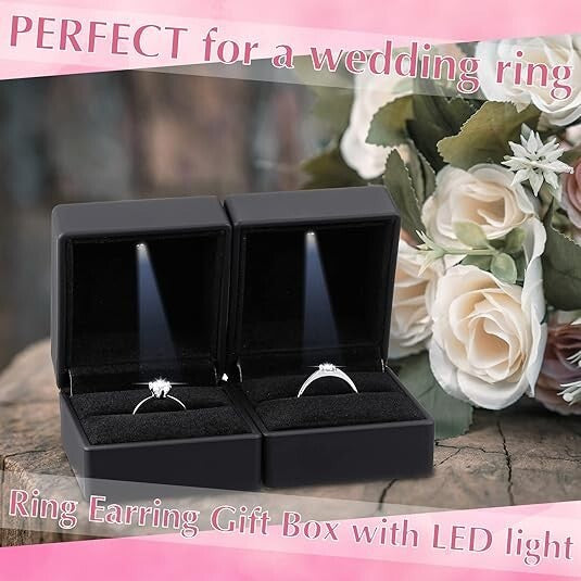 2 Pcs LED Lighted Ring Box Jewelry Case Display Engagement Romantic Wedding Gift