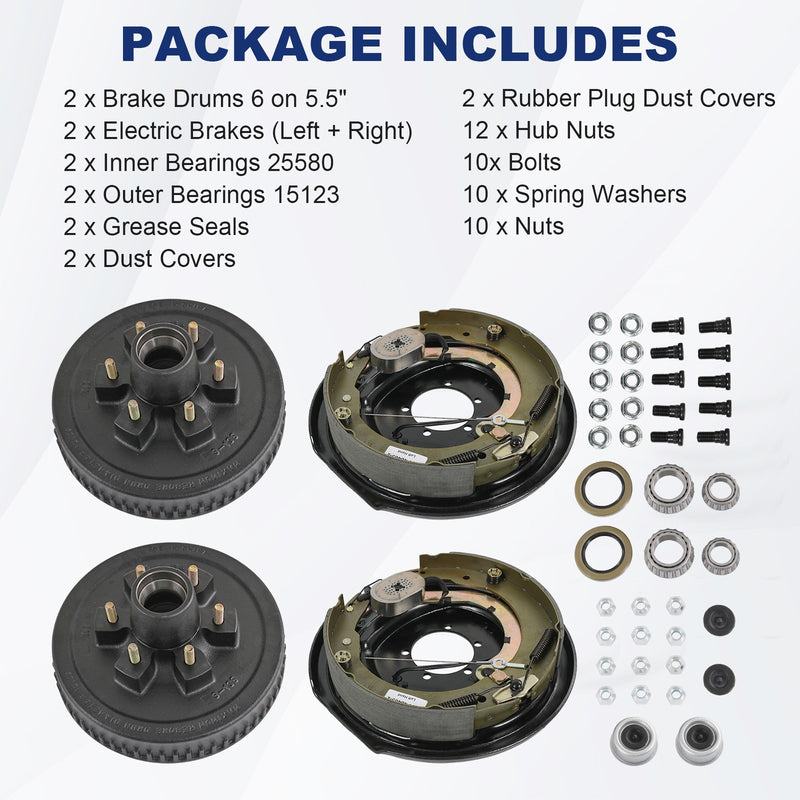 6 on 5.5" Hub Drum Kits with 12" x 2" Self-Adjusting Electric Brake