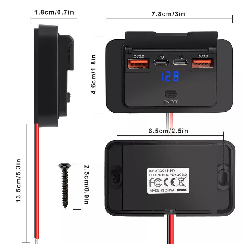 QC3.0 & PD Car Charger Socket Panel LED Voltmeter USB Power Outlet 12-24V for RV