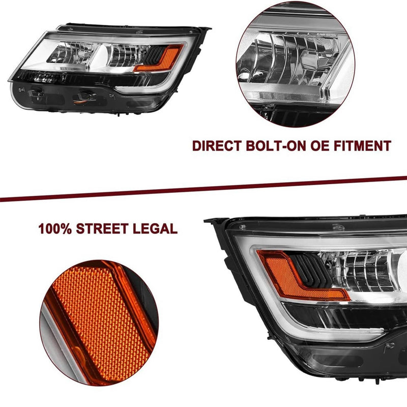 Headlights Assembly LH RH Pair for Ford Explorer Chrome with LED DRL 2016-2019