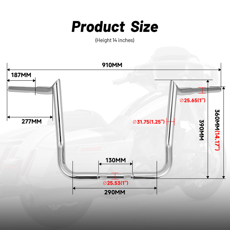 14" Rise Meathook Ape Hanger Handlebar for Harley Electra Glide Street Glide