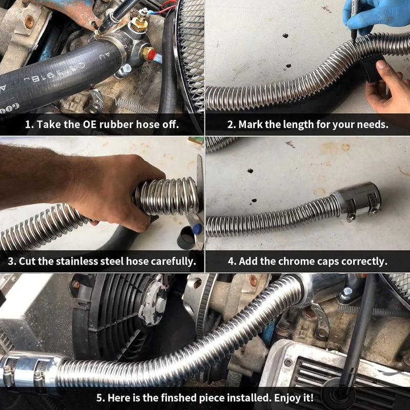 48" Universal Stainless Steel Radiator Flexible Coolant Water Hose Caps Kit