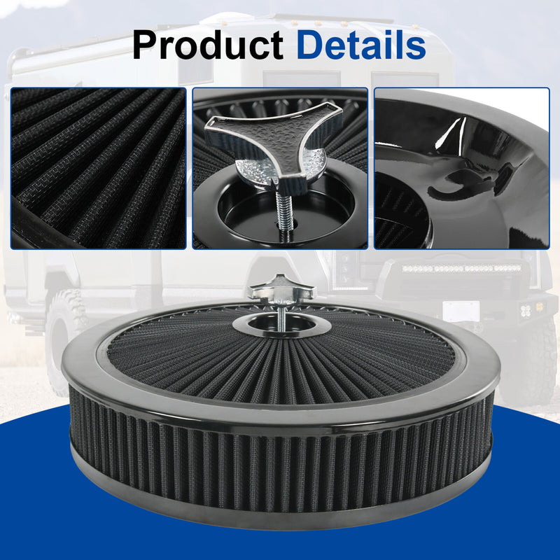 14" X 3" Black Round High Flow Washable Air Cleaner Drop Base for SBC BBC