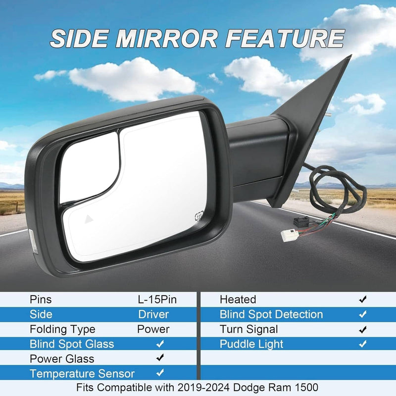 Left Driver Side Mirror Heated Signal Blind Spot for Dodge Ram 1500 2019-2024