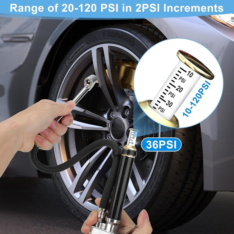 Air Tire Inflator with Pressure Gauge 10-120 PSI Dual Head Chuck for Car Truck