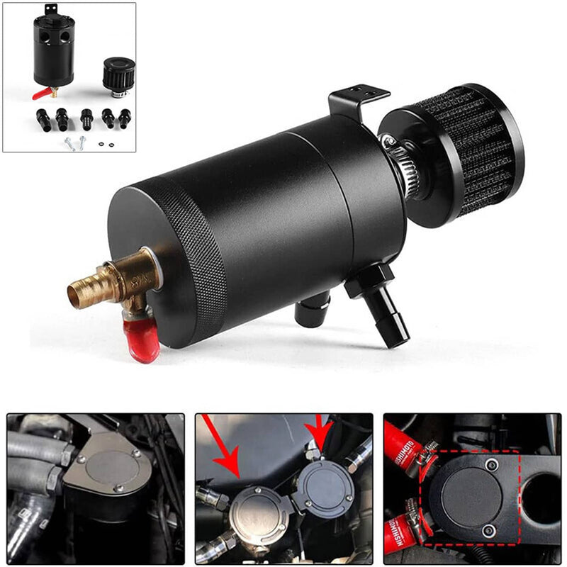 Black 2 Port Baffled Oil Catch Can Reservoir Tank Drain Valve Breather