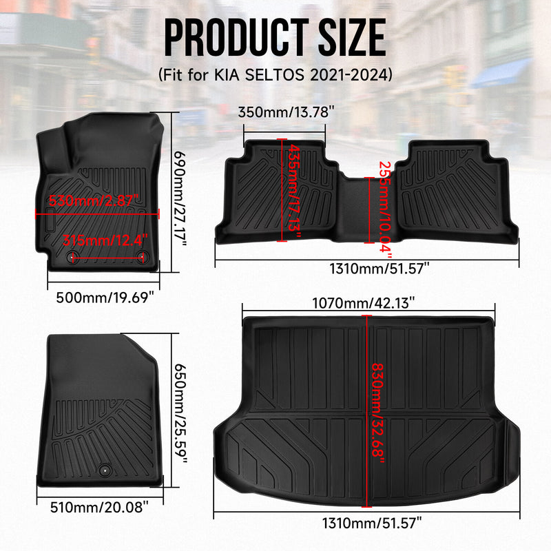 Front Floor Mats + Rear Trunk Mat Cargo Liner TPE for Kia Seltos 2021-2024 4Pcs