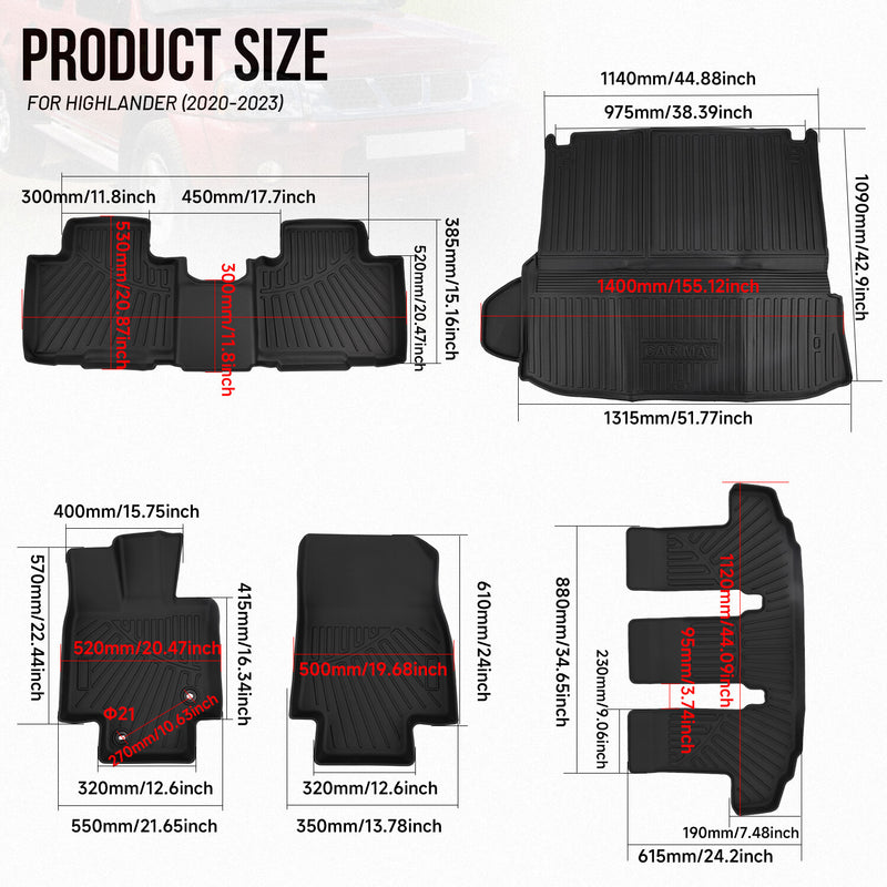 Floor Mats Cargo Liner for Toyota Highlander 2020-2025 TPE 7 Seater 3 Rows 5Pcs