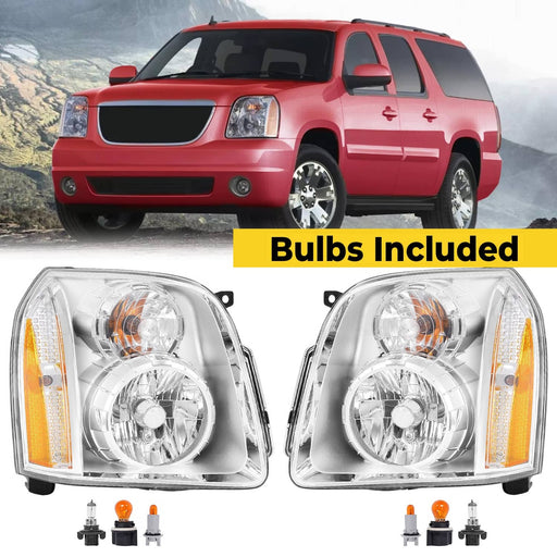 DURAFORCE Chrome Headlights Headlamps With Bulbs for GMC Yukon XL 1500 2500 2007-2014 2PCS