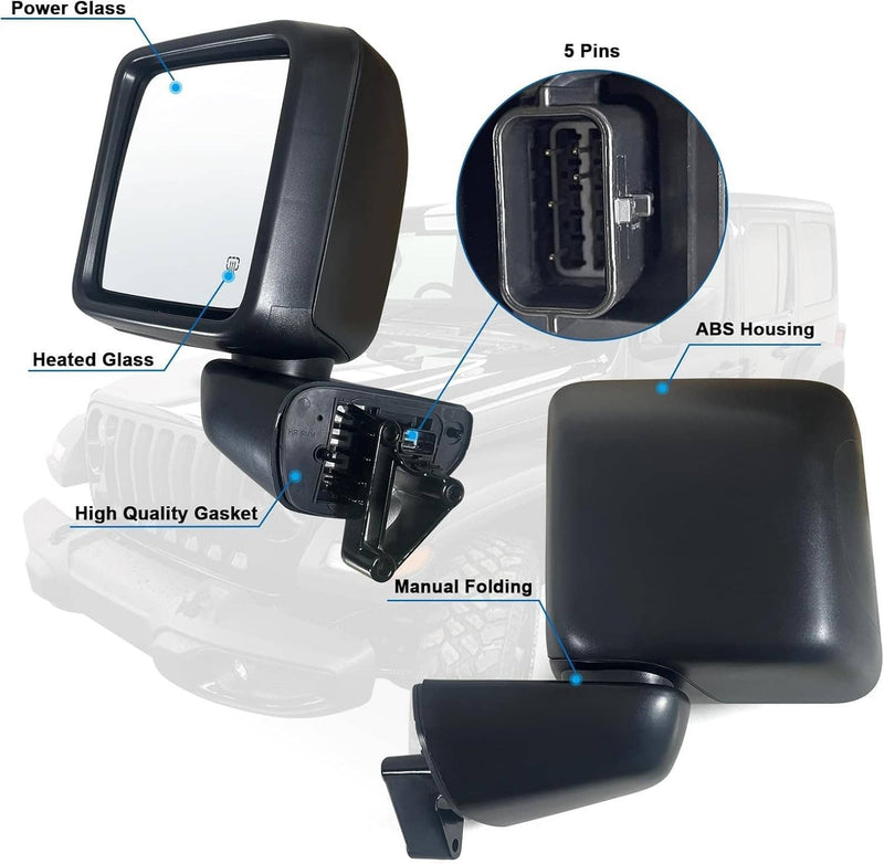 Left Driver Side Power Heated Mirror Rear for Jeep Wrangler Gladiator 2018-2024