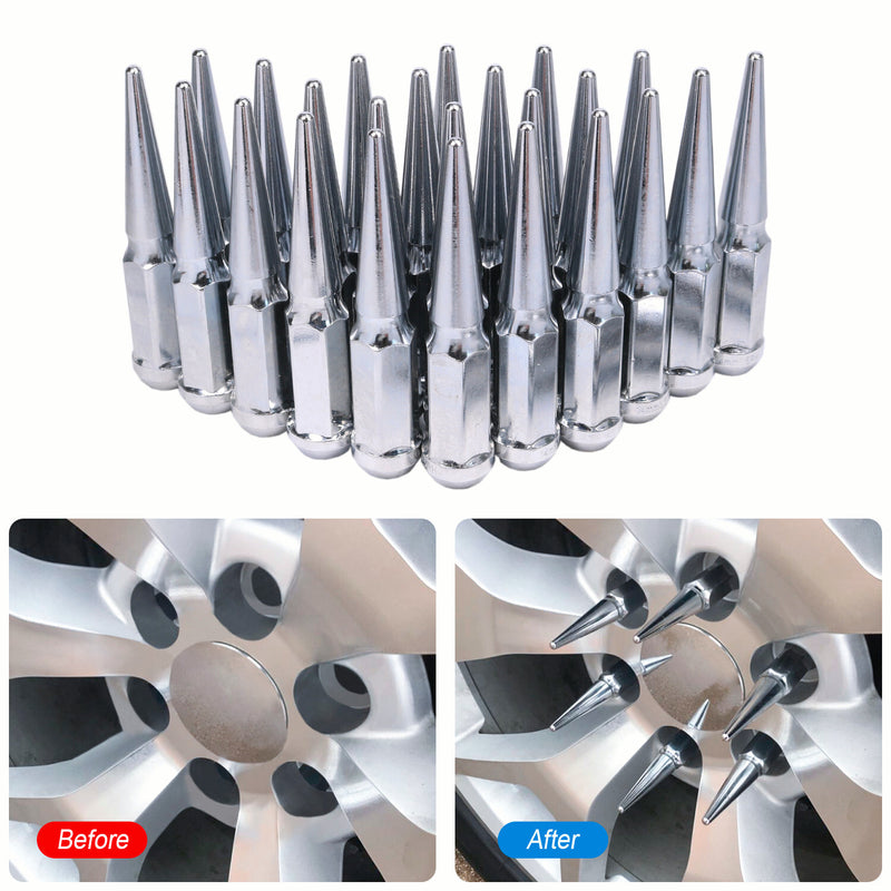 24 PCS M14x1.5 Spike Lug Nuts Chrome for Chevy Silverado Tahoe 4.4" With Key
