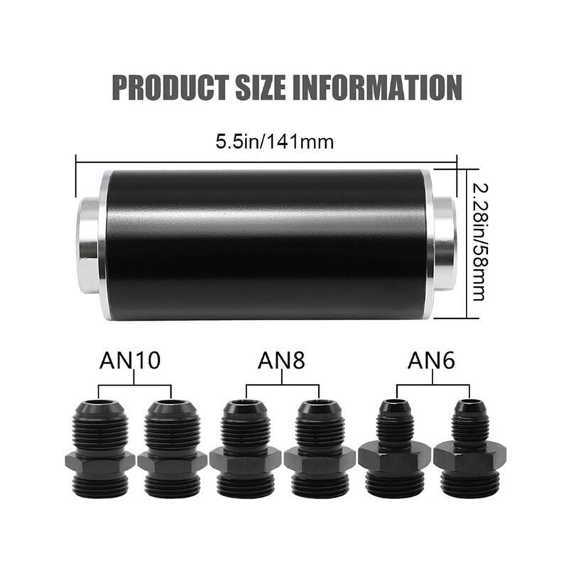 100 Micron Inline Fuel Filter 6AN 8AN 10AN Adapter Universal Cleanable 58mm