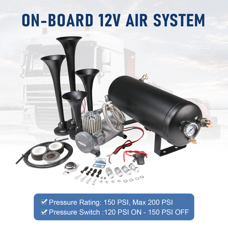 Train Horn Kit 4 Trumpets 1.5G Air Tank 150PSI for Truck Car Semi