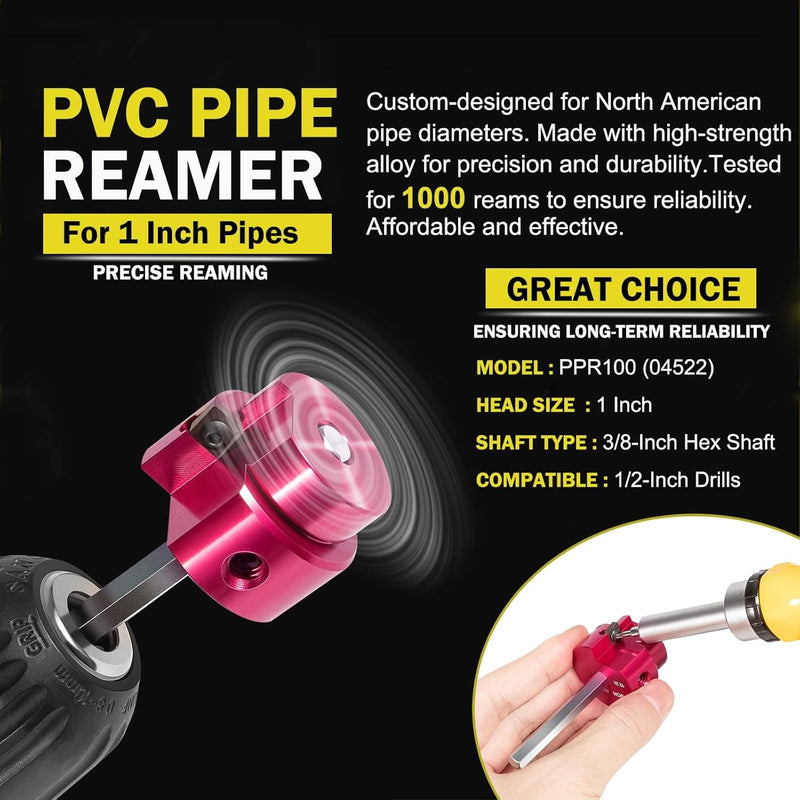 PPR100 PVC Pipe Reamer 1" Head Aluminum 1/4" Hex Shaft for 1/2" Drills
